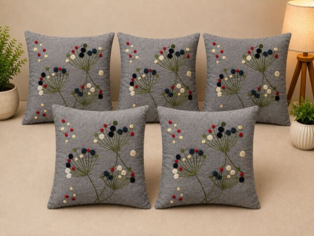 Embroidered Floral Cushion Covers Set of 5 | Grey Multicolour Design