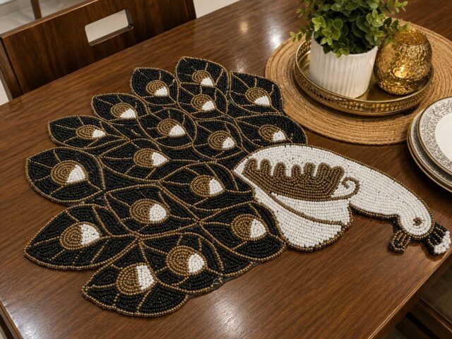 Premium Beaded Peacock Table Mat | Black, Gold & White Handcrafted Design