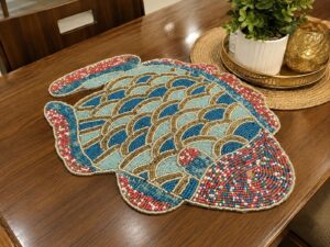 Premium Beaded Peacock Table Mat | Black, Gold & White Handcrafted Design - Image 3