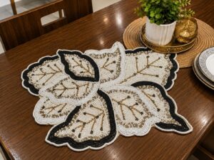Premium Beaded Peacock Table Mat | Black, Gold & White Handcrafted Design - Image 2