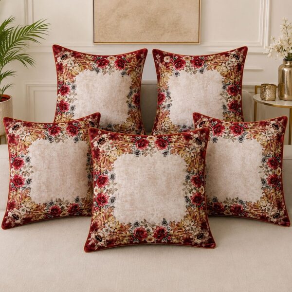 Cushion cover velvet Maroon Cream set of 5 pc 20 by 20 inches