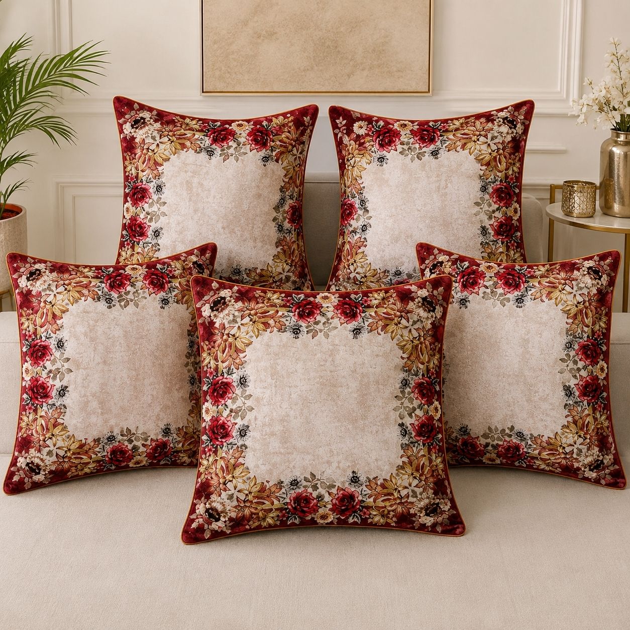 Cushion cover velvet Maroon Cream set of 5 pc 20 by 20 inches
