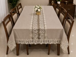 Elegant Cloth Lace Work Dining Table Cover Cream - Image 1