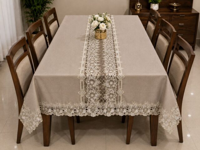 Elegant Cloth Lace Work Dining Table Cover Cream