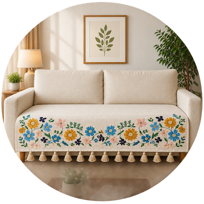Embroidered Floral Sofa Cover in Cozy Living Room