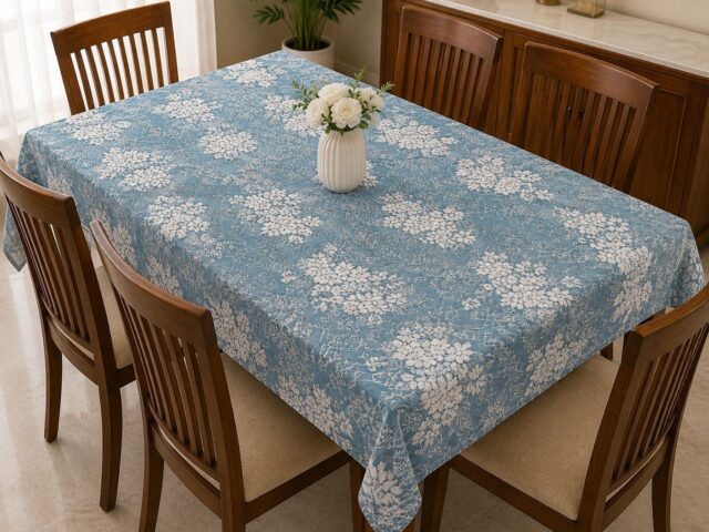 Elegant Hilton Net Floral Dining Table Cover – Blue & White