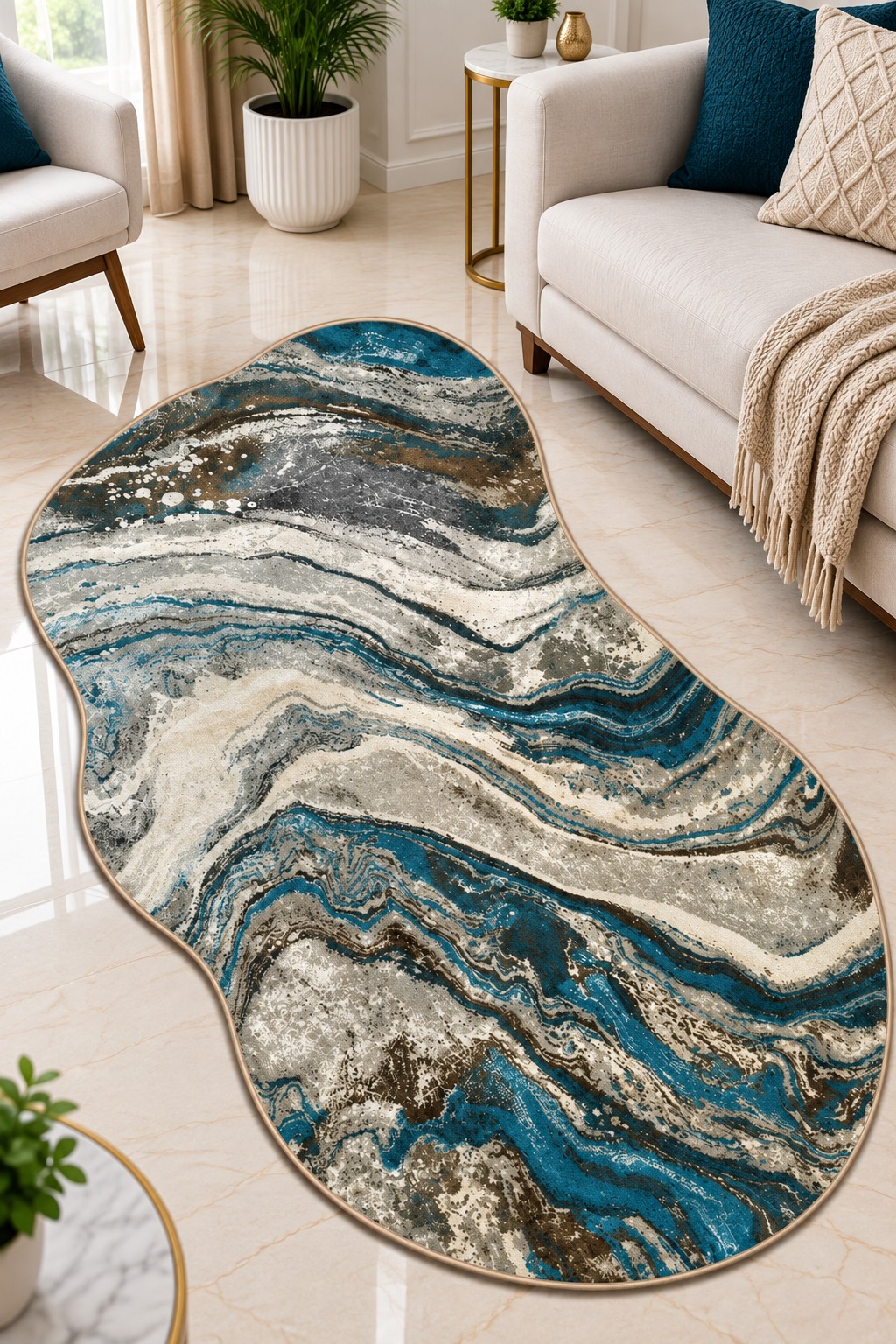 Teal Blue Marble Wave Rug