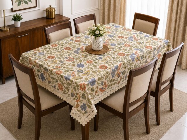 Elegant Floral Printed Vedick Cloth Dining Table Cover with Lace Border