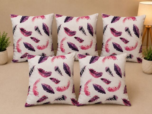 Wings Printed Cushion Covers Set of 5 | Pink & Purple Feather Design