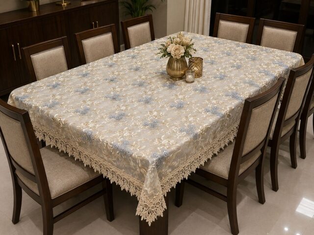 Elegant Net Lace Dining Table Cover – Beige Floral Design