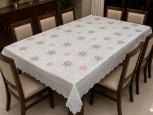 Elegant Plastic Dining Table Cover – White Floral & Pink - Image 1